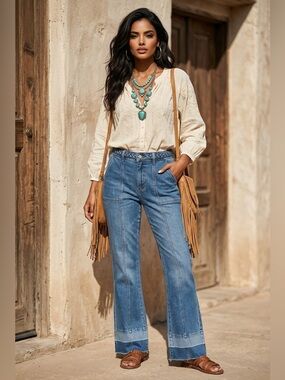 NEW Indigo Thread Co Boho Creased Flare Jeans Raw Hem High Rise Sizes 10 & 16